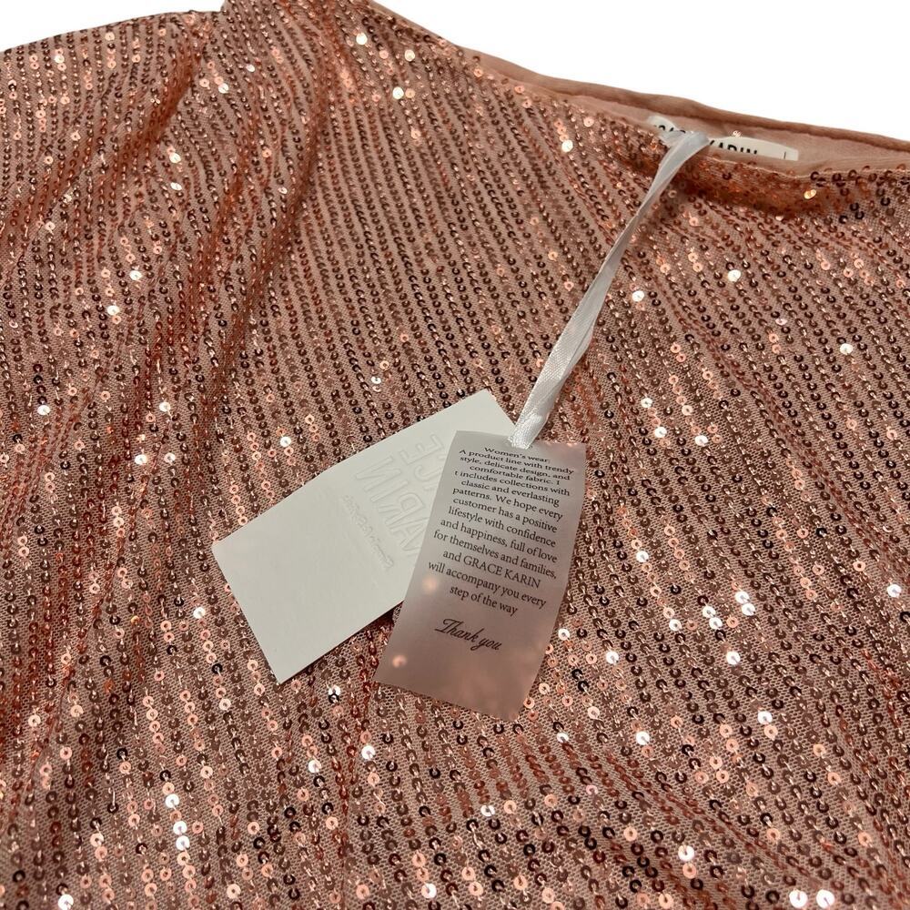 NWT GRACE KARIN Sequined Asymmetric Pink Off Shoulder Bodycon Midi Dress Size L - Picture 5 of 12